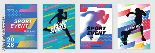 Fun run poster design background vector set. Running sport cover template with vibrant abstract gradient geometric shape and people running. Ideal design for social media, flyer, promotion, card.