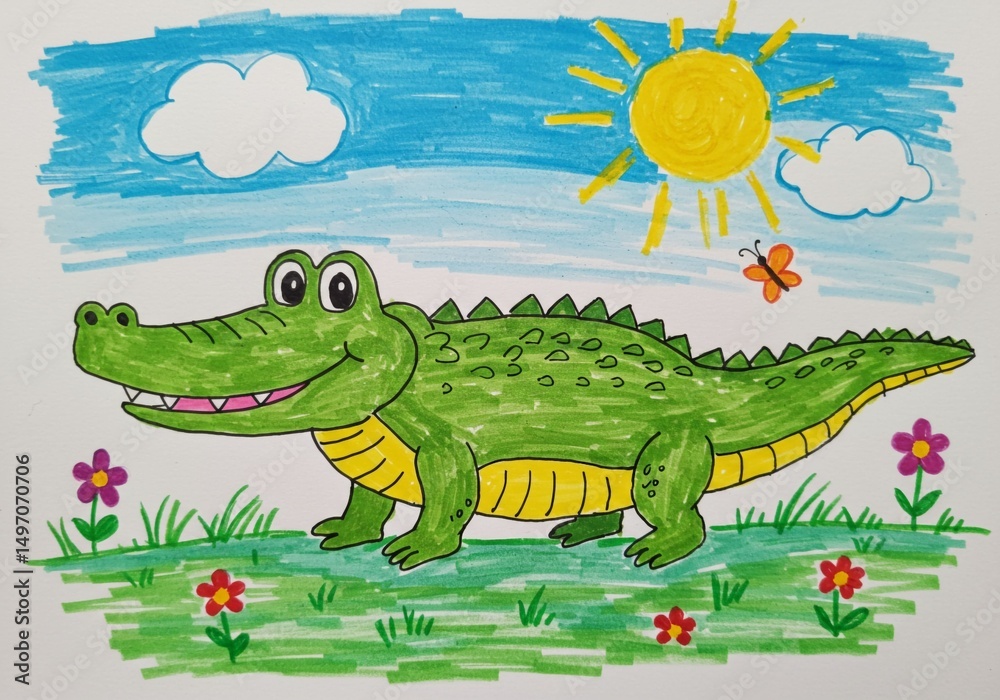 Fototapeta premium A child's colorful drawing of a green alligator with a yellow belly and sharp teeth, smiling and standing on grass with an orange butterfly, flowers, under a blue sky with a sun and white clouds.