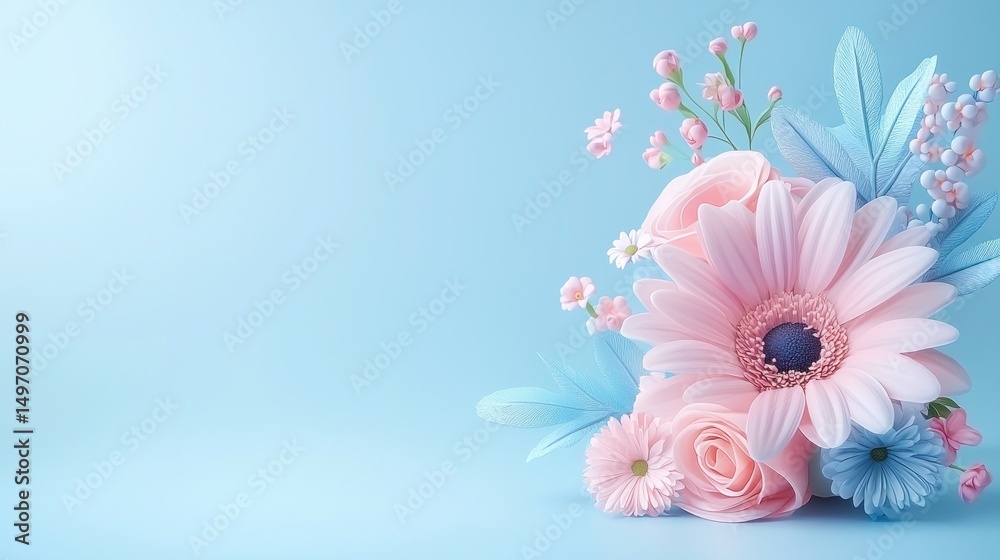 Obraz premium Delicate Pink and Blue Flowers on Light Blue Background