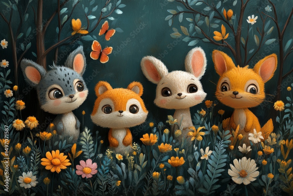 Fototapeta premium Four cute woodland animals in a flower meadow