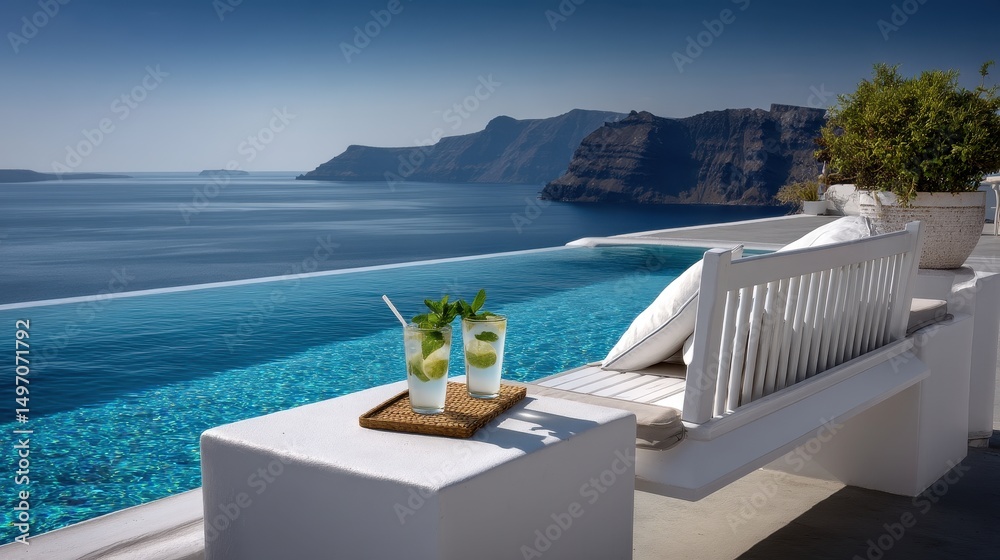 Fototapeta premium Minimalist Greek island patio: white bench, mint garnished drinks, infinity pool melting into deep blue sea, volcanic cliffs beyond.