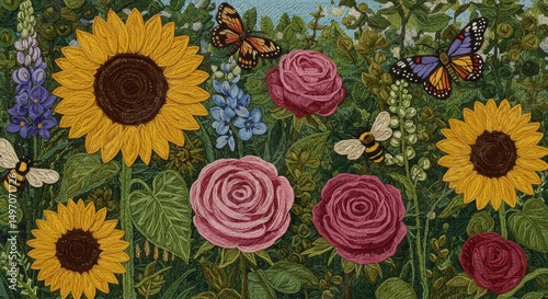 Detailed embroidered floral design of sunflowers, roses, and other wildflowers.