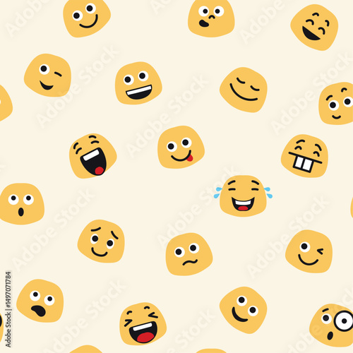 A vector illustration, seamless pattern with various emoji faces expressing different emotions, including happiness, surprise, fear, and more