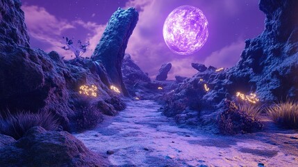 Papier peint photo Prune Alien planet landscape purple moon night scene fantasy  © MSTAMBIA