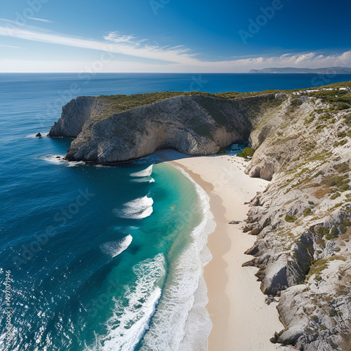 The aerial view of Lalaria beach on Skiathos Island, Sporades, Greece, features a stunning turquoise sea and steep cliffs.