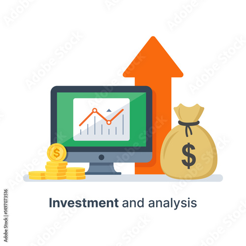 Investment strategy, financial analysis, hedge fund, venture business, mutual fund, trust management, interest rate, capital growth, data review on desktop, stock market and exchange, accountancy icon