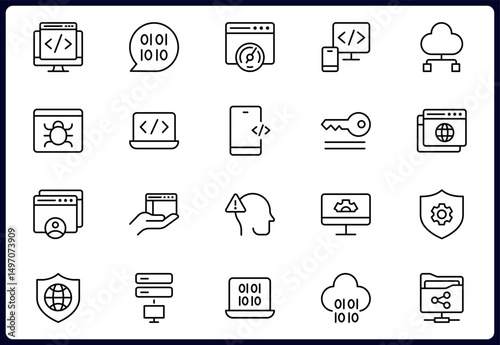 Programming and coding icon set. Contains such Icons as code, api, programmer, developer, information technology, coder and more. Vector illustration