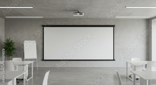 Modern minimalist meeting room with projector screen and presentation setup