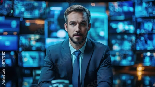 News anchor studio broadcast television media presenter man in suit professional communication technology