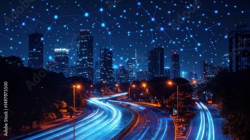 Cityscape night lights network connection future technology urban scene cityscape view