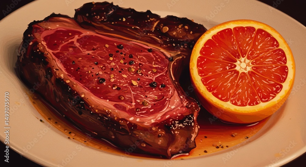 Obraz premium A plate of meat and an orange