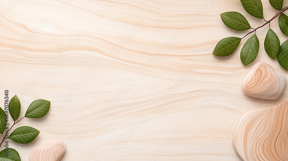 Smooth Cream Swirl Texture with Natural Marble and Green Leaves Smooth Cream Swirl Texture with Natural Marble and Green Leaves