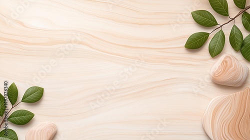Smooth Cream Swirl Texture with Natural Marble and Green Leaves