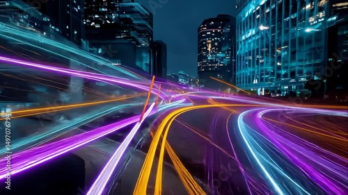 Colorful Light Trails in Urban Environment at Night
