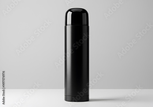 Elegant matte black thermos with a minimalist aesthetic against a soft grey background
