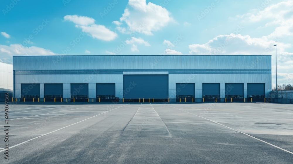 Large Industrial Hangar Building with Empty Parking Lot Under Clear Blue Sky Large Industrial Hangar Building with Empty Parking Lot Under Clear Blue Sky