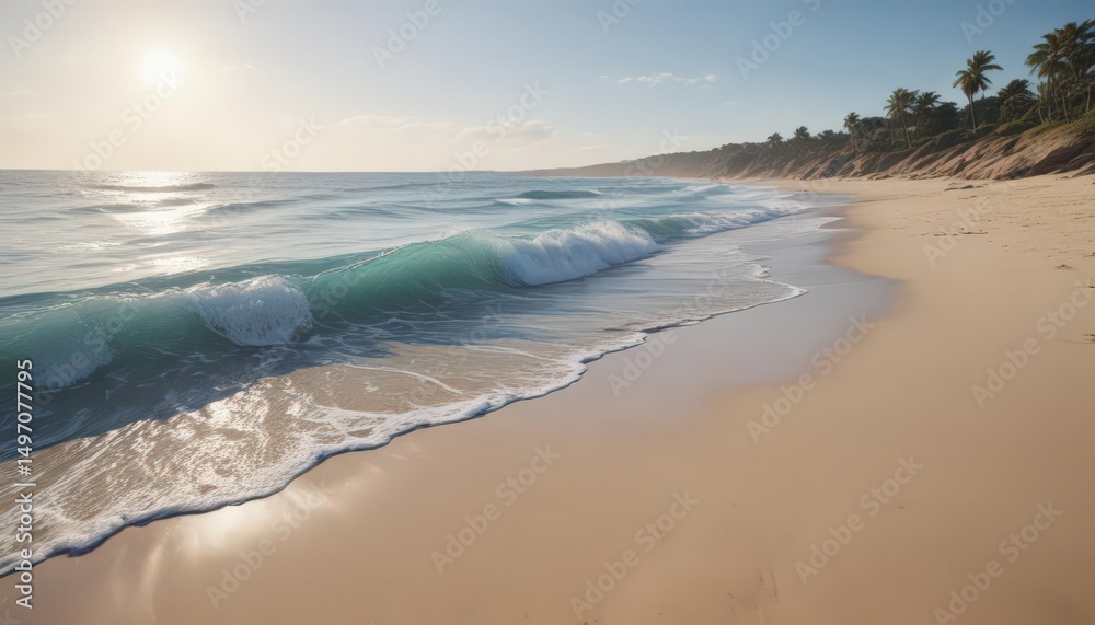 Fototapeta premium Gentle blue waves caress the sandy shore, creating a tranquil scene , sand, shore