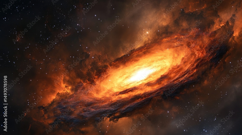 Fototapeta premium Fiery nebula cosmic cloudscape starry night space galaxy