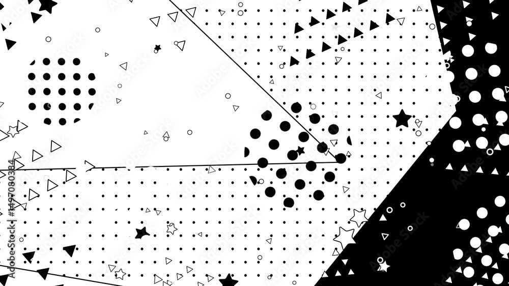 Looped black and white geometric shapes background with striped circles, dots, triangles, and stars motion graphics.