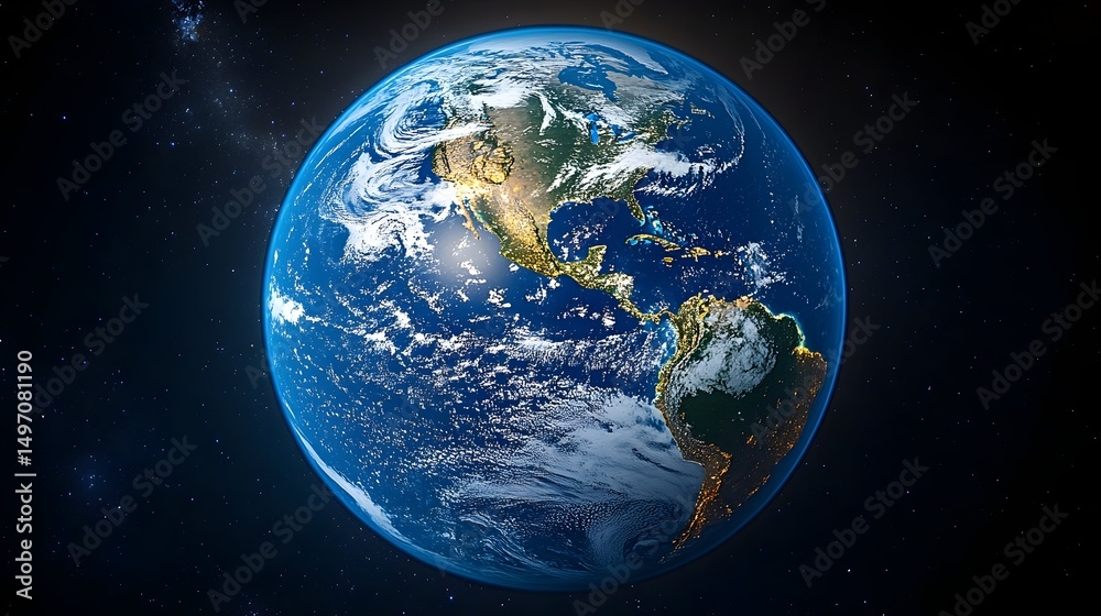 Obraz premium A detailed, photorealistic depiction of planet Earth from space, showcasing North and South America, illuminated city lights, swirling clouds, and a dark, star-studded backdrop