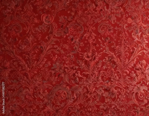 Luxurious red damask fabric, swirling floral details, opulent texture, rich, wallpaper