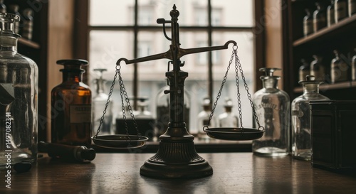 Vintage scales amidst apothecary jars evoke balance and historical science