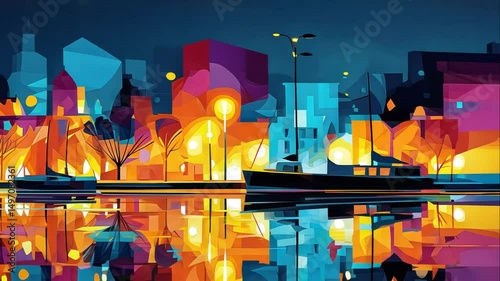 Vibrant Abstract Cityscape with Bold Colors and Reflections at Night