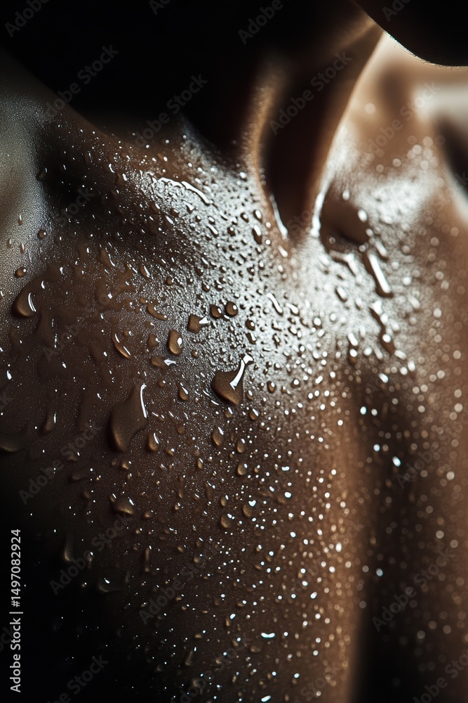 Fototapeta premium Close-up of a glistening muscular chest with droplets of water highlighting skin texture in soft lighting