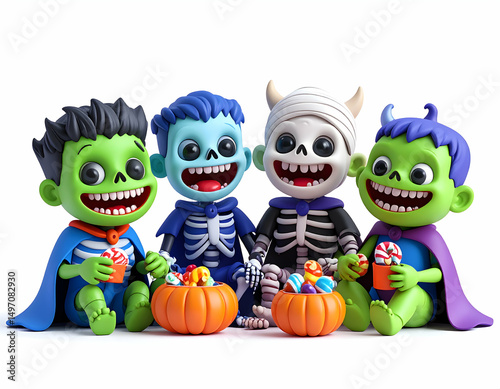 Wallpaper Mural Halloween Trick-or-Treaters: Four adorable cartoon monsters, dressed in Halloween costumes, enjoy a harvest of candy corn and sweets.  Torontodigital.ca