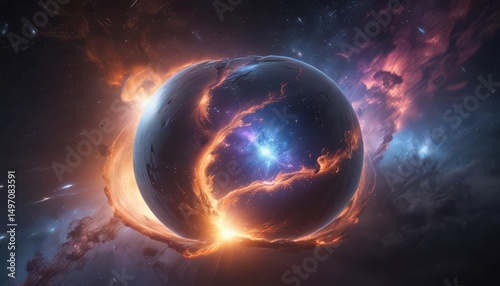 Glowing orb amidst swirling nebulae, cosmic dust trails ,  colorful,  shades,  dust
