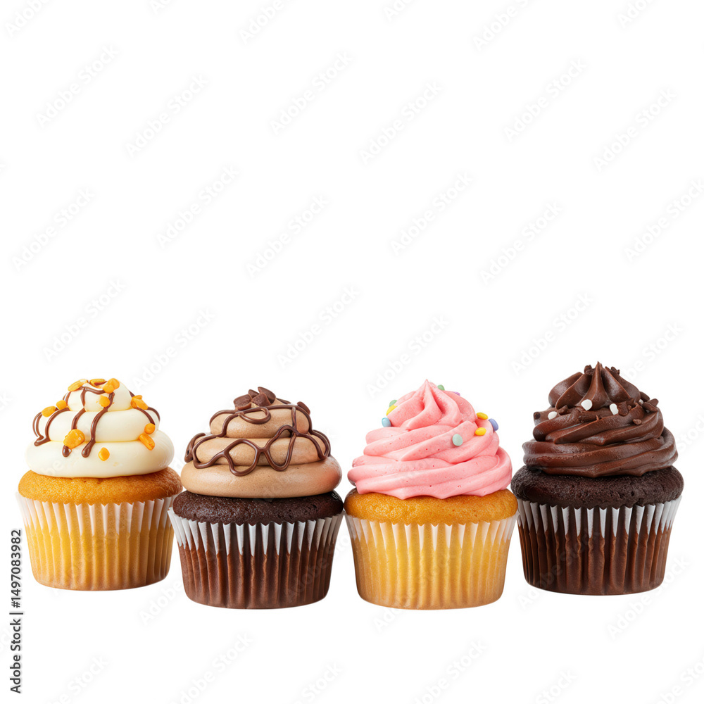 Four delicious cupcakes with various frostings isolated on transparent background Four delicious cupcakes with various frostings isolated on transparent background