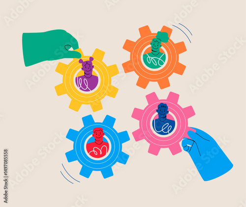 Hands holding gears in hands as symbol of cooperation. Colorful vector illustration