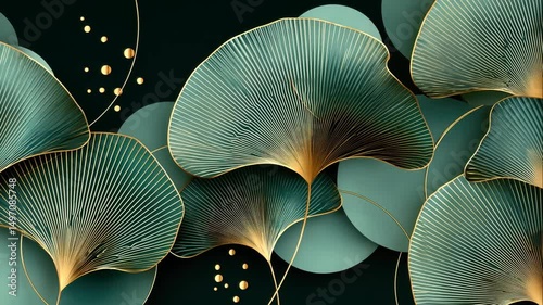 Abstract Ginkgo Leaves Diagram with Turquoise and Gold Elements