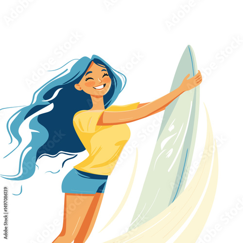 Happy young woman holding a surfboard