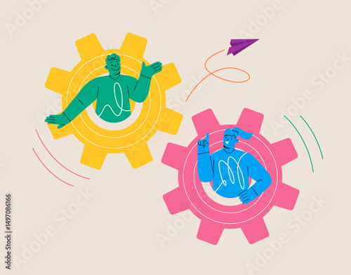 Teamwork concept. Cooperation, partnership. Colleagues in gears. Colorful vector illustration