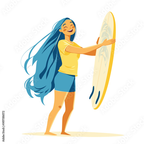 Happy young woman holding a surfboard