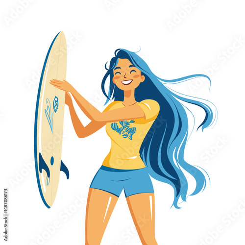 Happy young woman holding a surfboard