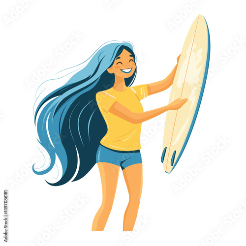 Happy young woman holding a surfboard