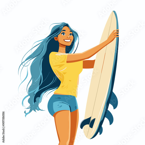 Happy young woman holding a surfboard