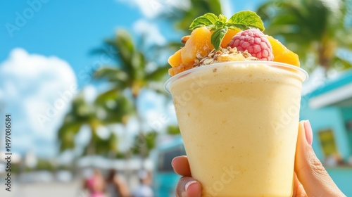 tropical smoothie truck, a tropical-themed food truck serves a vibrant smoothie with fresh fruits, herbs, palm trees, and blue skies