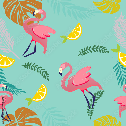 seamless pattern with birds and flowers Bright flamingos with lemon slices and tropical leaves on a mint green background.