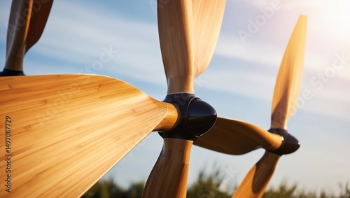 Wooden Wind Turbine Under Blue Sky: Eco-Friendly Energy Source