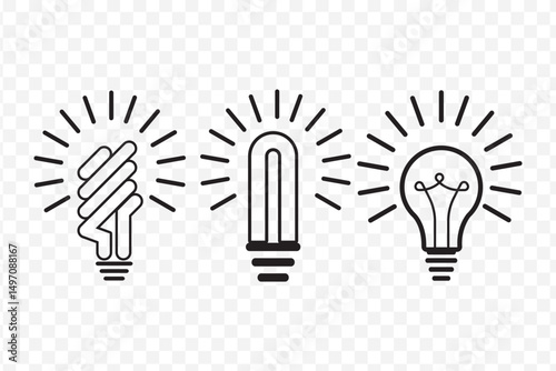 Lightning in light bulb icon Set. Light bulb symbol with lightning bolt inside. Vector illustration on Transparent Background. EPS 10.