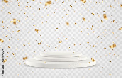 Vector 3d podium with falling golden bright confetti. Empty stage or pedestal isolated on png background. Podium or platform for award ceremony, product presentation. Vector illustration