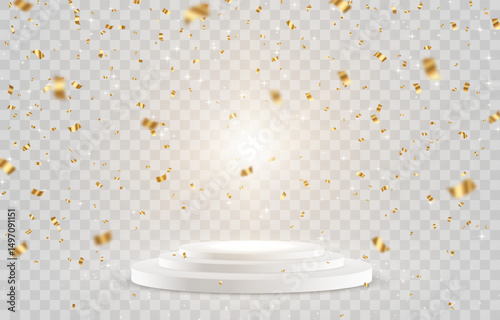 Vector 3d podium with falling golden bright confetti. Empty stage or pedestal isolated on png background. Podium or platform for award ceremony, product presentation. Vector illustration