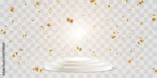 Vector 3d podium with falling golden bright confetti. Empty stage or pedestal isolated on png background. Podium or platform for award ceremony, product presentation. Vector illustration