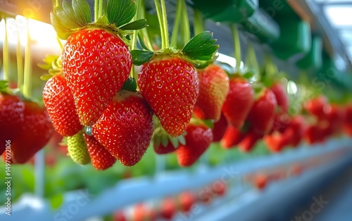 Juicy Red Strawberries Hanging in Greenhouse Farm