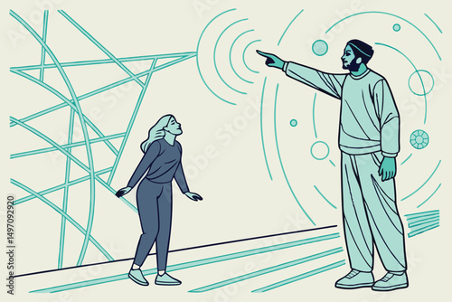 digital illustration, retro futuristic design, minimalist wireframe landscape, geometric shapes, abstract sci-fi setting, holographic user interface, floating control panels, electric energy pulses