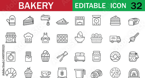 Editable bakery icon set featuring 32 unique line-style symbols, including bread, cake, tools, and shop elements. Perfect for branding, packaging, and web design. Clean, modern, and scalable vectors.