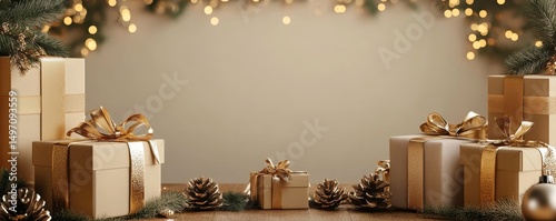 textured beige banner with luxurious golden ribbons framing gift boxes on either side, Generative AI
